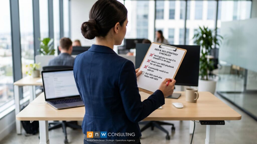 Woman in a navy blazer holding a clipboard with a GEO and SEO strategy checklist in a modern office. The checklist includes red X marks next to claims like "top-3 in ChatGPT in 90 days" and "one playbook for all clients." GNW Consulting.