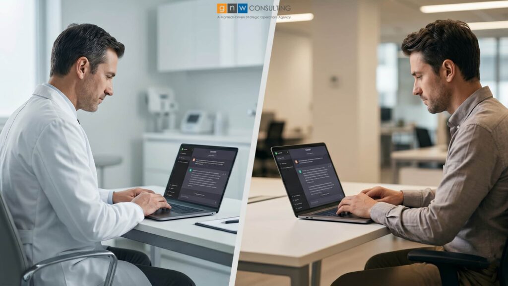 Split image showing two professionals using ChatGPT: a doctor in a white coat searching on a laptop in a clinical setting, and a business professional doing the same in an office environment. GNW Consulting.