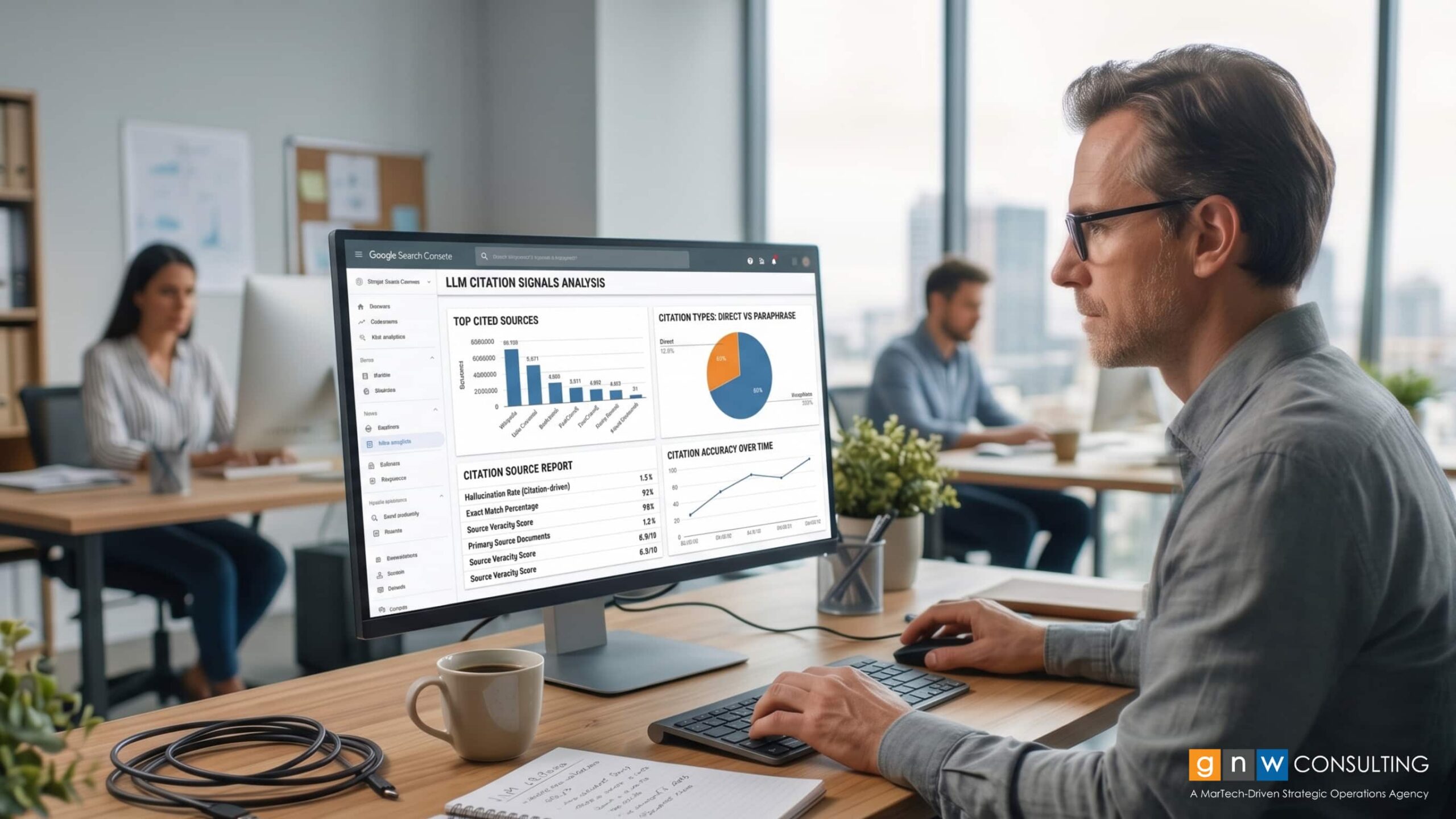 Marketing professional reviewing an LLM Citation Signals Analysis dashboard showing top cited sources, citation types direct vs paraphrase, citation source report with hallucination rate and source veracity scores, and citation accuracy over time. GNW Consulting.