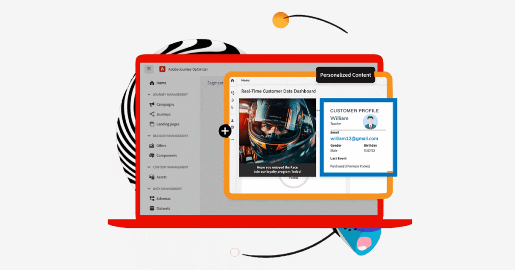 Screenshot of Adobe Journey Optimizer interface showing the Journey Management navigation menu alongside a Real-Time Customer Data Dashboard with a personalized content overlay