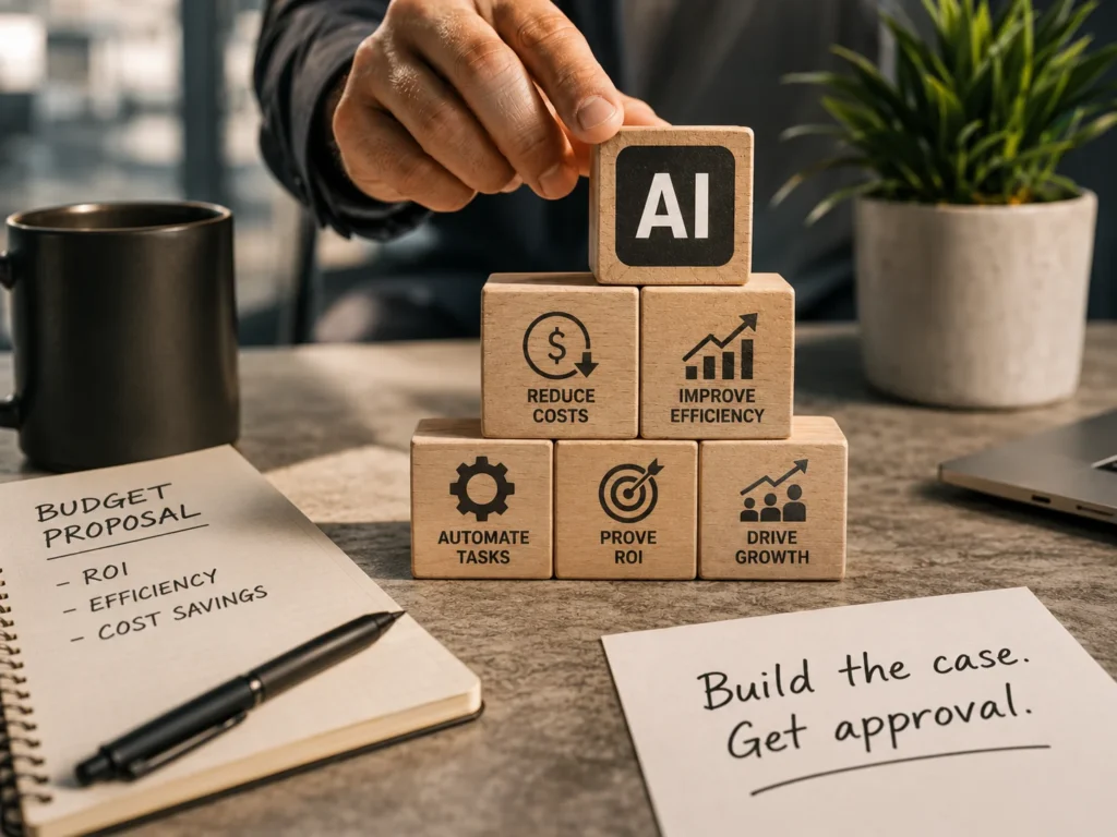 Hand placing an AI block on top of wooden blocks labeled reduce costs, improve efficiency, prove ROI, and drive growth.